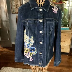 Chico's Dark Blue Jean Jacket with Floral Embroidery NWOT